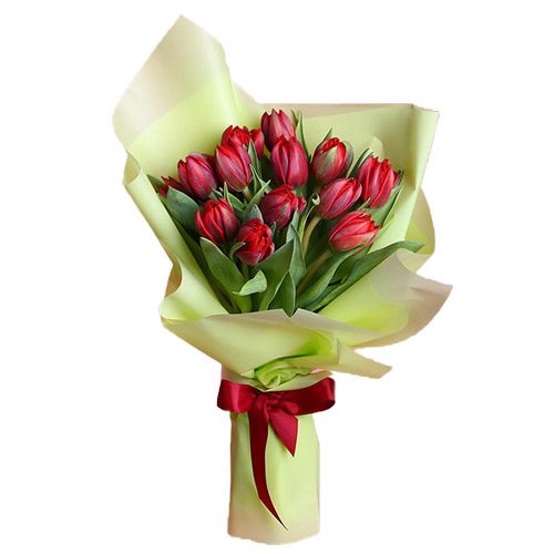 Фото товара 15 красных тюльпанов в зелёной упаковке в Херсоне