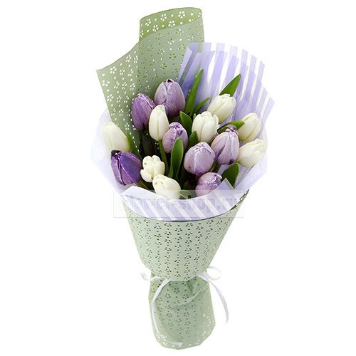 Фото товара 15 бело-фиолетовых тюльпанов в Херсоне