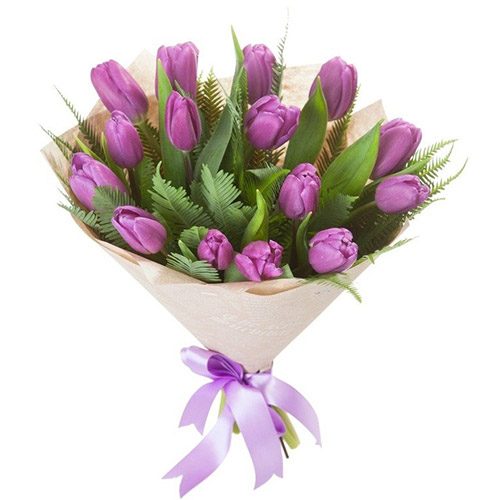 Фото товара 15 фиолетовых тюльпанов с декором в Херсоне