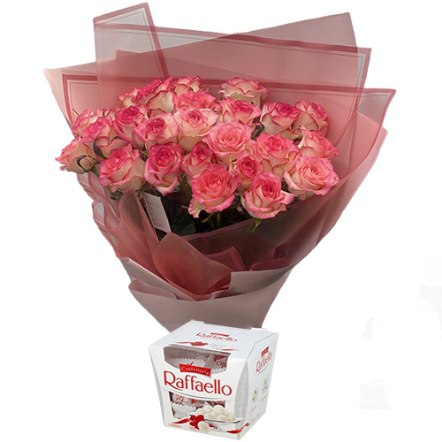 Фото товара 25 рожевих троянд із цукерками в Херсоне